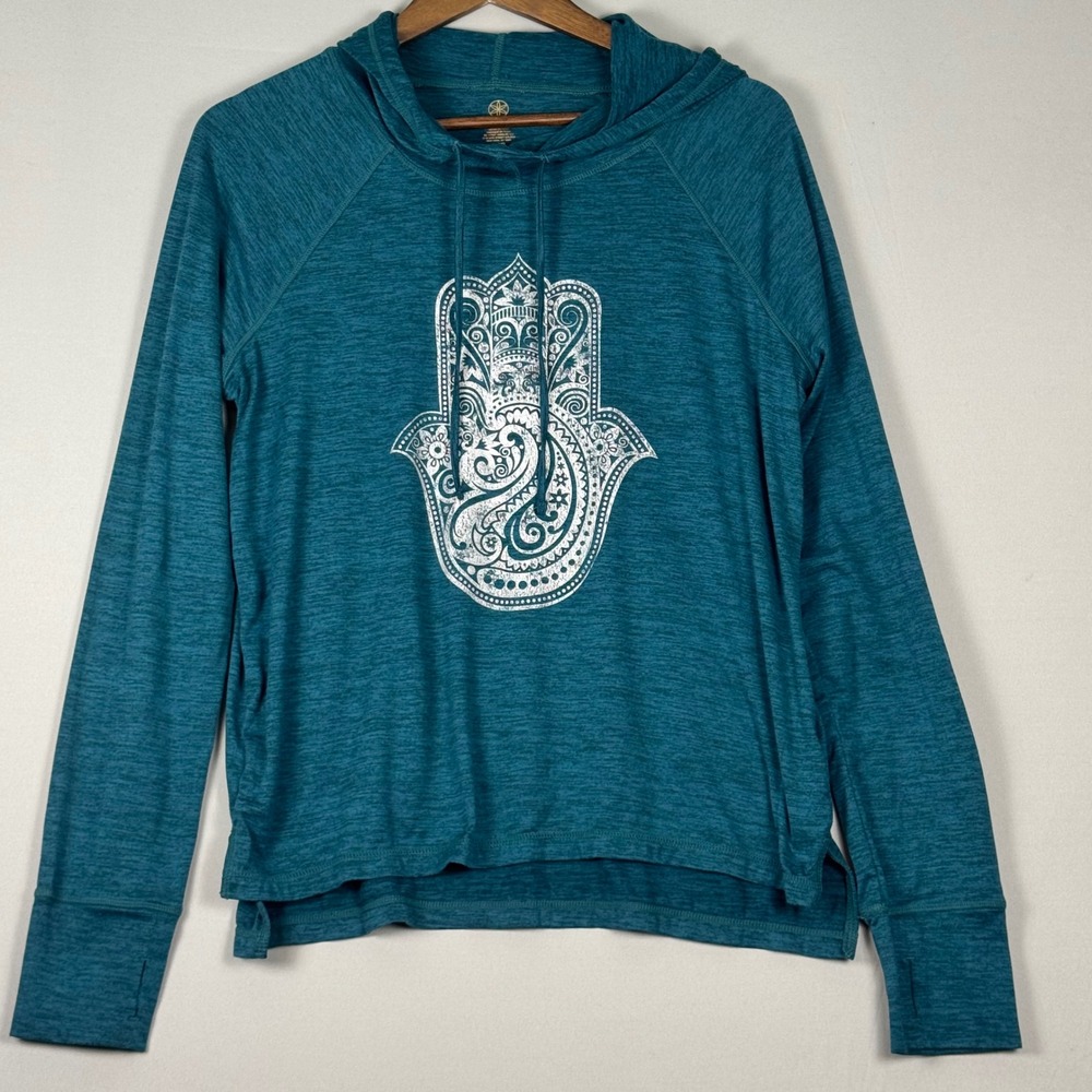Gaiam Hamsa Graphic Hoodie Women Large Teal Excellent Thumbhole Cuffs